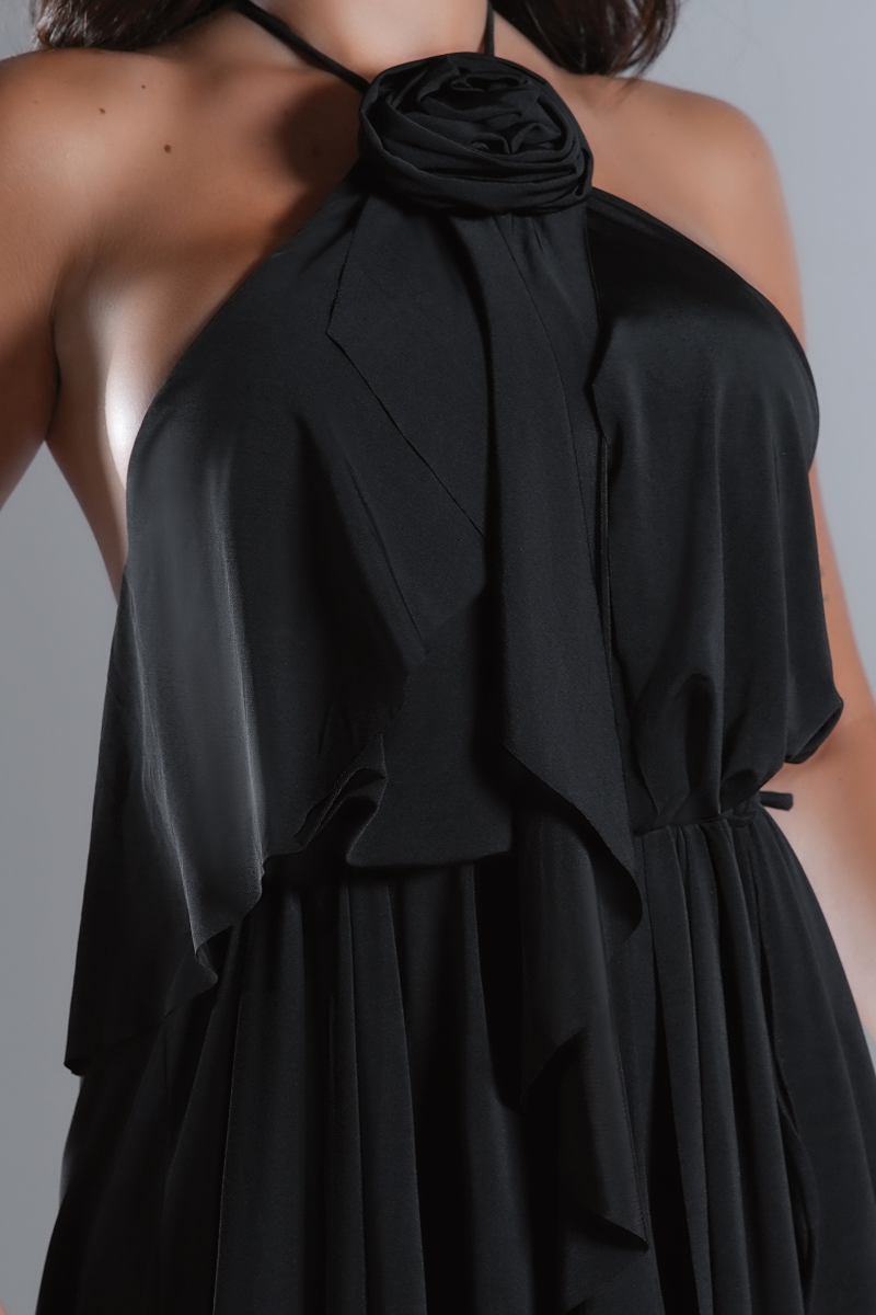 Velora Black Flutter Dress, Asymmetric